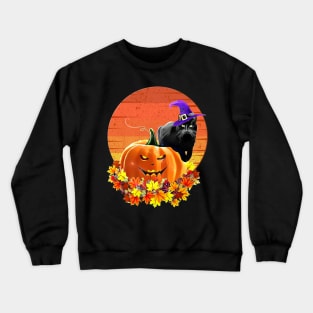 Black cat with witch hat, catoween halloween, jack pumpkin, spooky moon Crewneck Sweatshirt